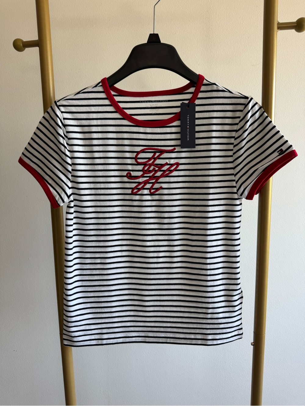 Tommy Hilfiger White Black Striped Tee with Red Trim
